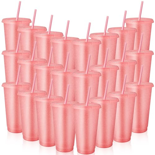 MSYU 24 Pcs Reusable Cups with Lids and Straws 24 oz Glitter Iced Coffee Tumbler Plastic Travel Mug Cup for Smoothie Juices Birthday Sleepover Party Supplies (Light Pink)