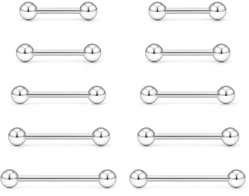 Barbell Ring, 12 Pieces 316L inless Steel Tongue Rings, Surgical Steel Tongue Bars Nipple Rings, Body Piercing Jewelry, Straight Barbell Surgical Steel Tongue Ring, Women Men, Steel Color