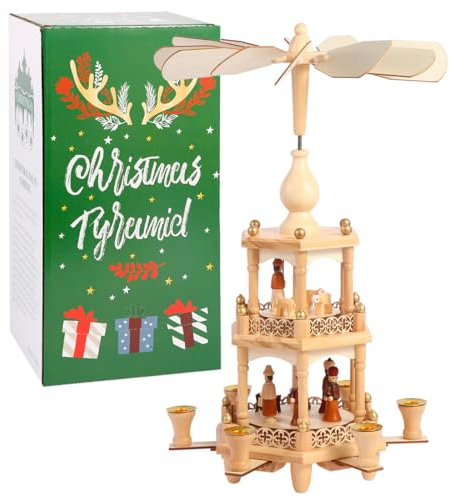 YeloZen Pirámides de Navidad con 6 portavelas de 45,7 cm, carrusel de 3 niveles, juego de belén de madera