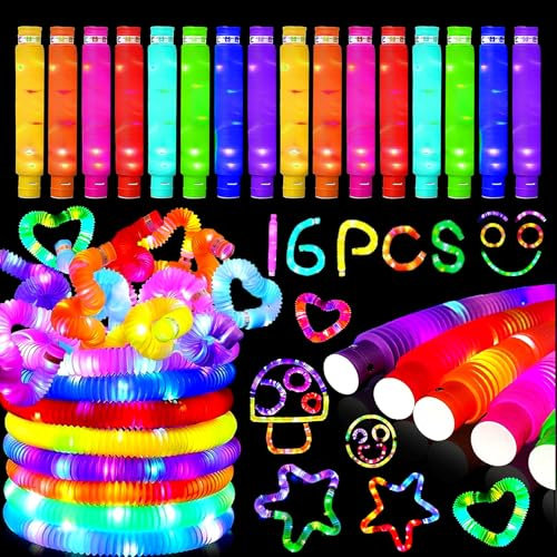 16 Stück Knicklicht Pop Tubes,LED Pop Tubes Fidget Toys,Party Supplies Leuchtstäbe,Knicklichter Armbänder Party Deko Set,Bunt Sensorik Spielzeug Pop Röhren Mitgebsel Kindergeburtstag für Kinder