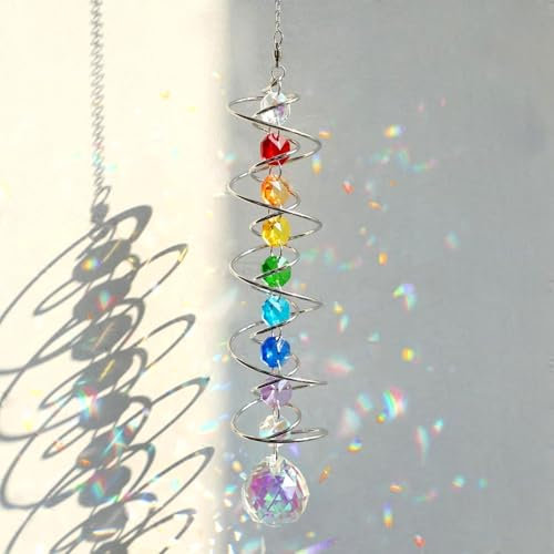 Attrape-Soleil en Cristal 45cm avec Double Spirale - Carillons à Vent Décoratifs à Perles de Chakra - Capteur de Lumière Arc-en-Ciel pour Fenêtre,Jardin,Balcon - Décoration Intérieure/Extérieure (A)