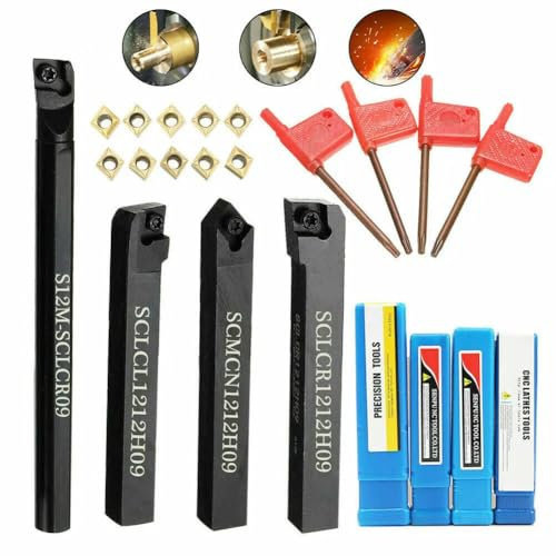 Anhoe 4Pcs Carbide Turning Tool Shank Carbide Lathe Turning Tool Set 12mm Lathe Turning Tool Set SCLCR09/SCLCR1212H09/SCLCL1212H09/SCMCN1212H09 with 10Pcs Carbide Inserts for Boring Cutting Grooving