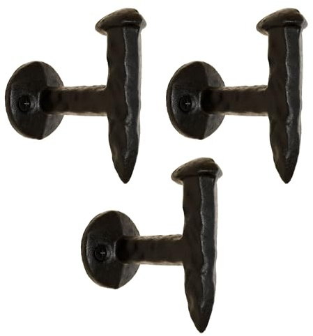 Rustic State Sirkeci Cast Iron Hooks Antique Wrought Iron Railroad Spike Design Rack for Coat Towel Bag Hat Pot Pan - Hand Hammered Wall Mount Forged Hanger - Set of 3 - Black