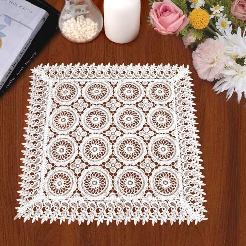 URROMA Centrino quadrato in pizzo, tovaglia bianca con stampa floreale ricamata, tovaglietta in pizzo per comò e tavolini, 60 x 60 cm