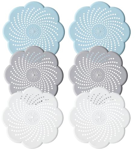 6 stycken avloppssil silikon – 2 blå 2 grå 2 vita, hårfilter för kök, dusch, badkar och handfat, återanvändbar dräneringssil för dusch och badkar (5–15 cm diameter)