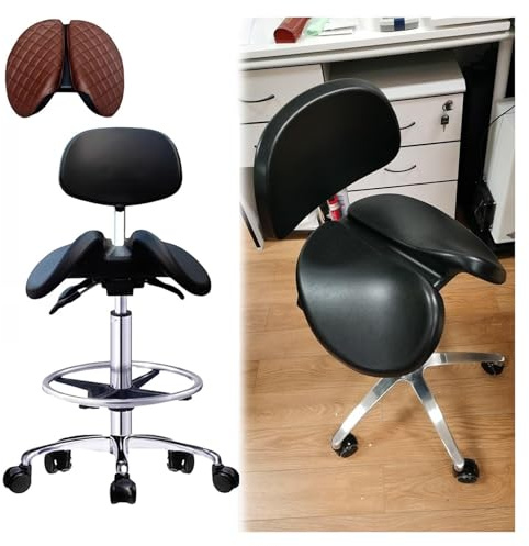 FXLUHAY Taburete de Oficina con Respaldo y reposapiés, Silla giratoria de Cuero con Forma de Silla de Montar Que Mejora la Postura, Taburete de Escritorio de Trabajo de pie for clínica de Tatuajes.