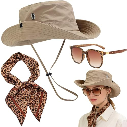 DTAOZFA Safari för kvinnor, vikbar solhatt, arkeologskostym, rollspelsdräkt halloween, fiskarhatt/teleskop/nackband