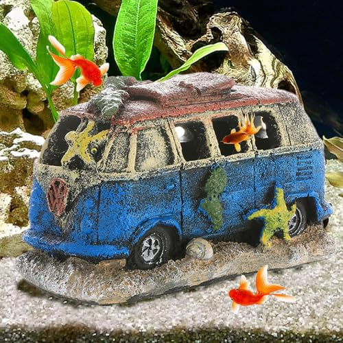 SoeUyd Decorazioni per Acquario, Forma di Autobus Ornamento per Serbatoio di Pesce, Ornamenti in Resina di Auto Decorazione Paesaggio Casa Grotta per Acquario, Piccola Casa per Pesci e Gamberetti