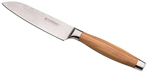 LE CREUSET Santoku Messer, 13 cm 18/8 Damaststahlklinge mit glattem Schliff, Olivenholzgriff, Rostfrei, Braun/Silber, 98000213000200