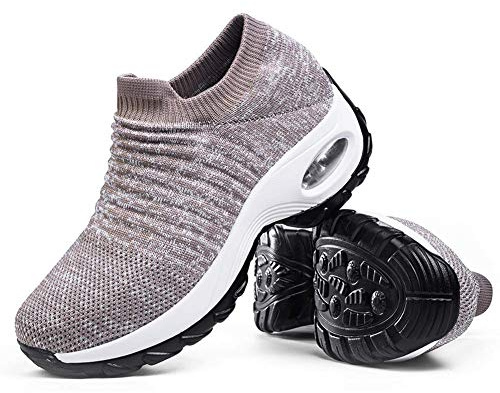 Slow Man Women's Slip on Walking Shoes - Comfortable Loafers Casual Non-Slip Nursing Shoes Fashion Sneakers Platform Khaki,8.5