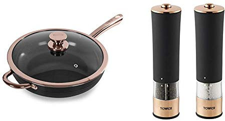 Tower T800003RB Linear Non Stick Induction Saute Pan With Lid, Bonded Stainless Steel Base, Black And Rose Gold, 28 cm & T847003RB Electric Salt and Pepper Mill, Rose Gold and Black