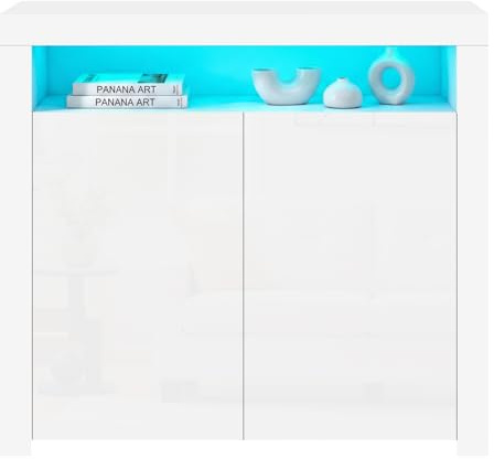 Panana 2 Door Modern LED Sideboard Matt Body and High Gloss Fronts, Cabinet Cupboard Unit with Multicolor LED Light, 107 cm *35 cm *97 cm (White)