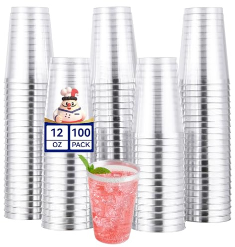 JOLLY CHEF 100 Pack Silver Plastic Cups, 12 oz Clear Plastic Cups Tumblers, Elegant Silver Rimmed Disposable Drink Glasses for Party Wedding, Thanksgiving Day, Christmas