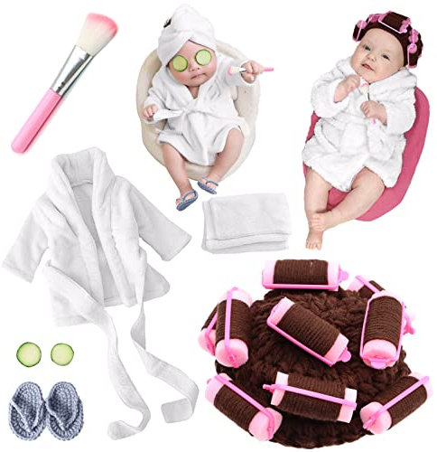 SPOKKI Newborn Photography Props Newborn Girl Photoshoot Outfits Crochet Baby Curler Hat with Makeup Brush for Infant Boys Girls (White)