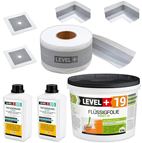 SET523 Film liquide 12 kg sur carrelage en bois, 2 coins intérieurs, 2 manchettes murales, 10 m, ruban d'étanchéité de 10 m, fond de profondeur 2 l Kit d'étanchéité pour douche, salle de bain, cuisine