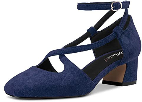 Saekcted Femmes Mi Bloc Chunky Talon Heel Carré Bout Escarpins Lanières Croisées Lanières Cheville Boucle Party Cute Chaussures Bleu Marin Suède 45 EU