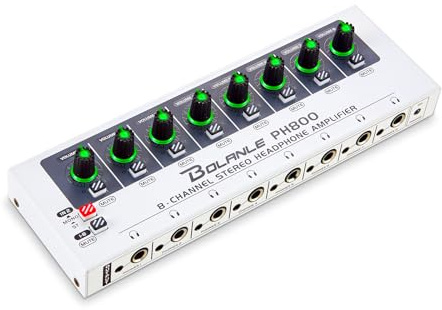Bolanle PH800 8-Channel Headphone Amplifier with High Output Power, 16-Output Headphone Splitter (8X 3.5mm & 8X 6.35mm), Mono/Stereo Switch, LED, Drives up to 250Ω Headphones for Studio, Band, Stage