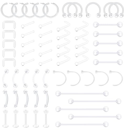 AVYRING 65 Stück Klar Piercing Retainer, Unsichtbares Bioflex Piercing Set, Nasenseptumstecker Tragus Lippe Ohr Nase Augenbraue Zungenringe, Klar Nasenstecker zum Verdecken von Piercings für Schule