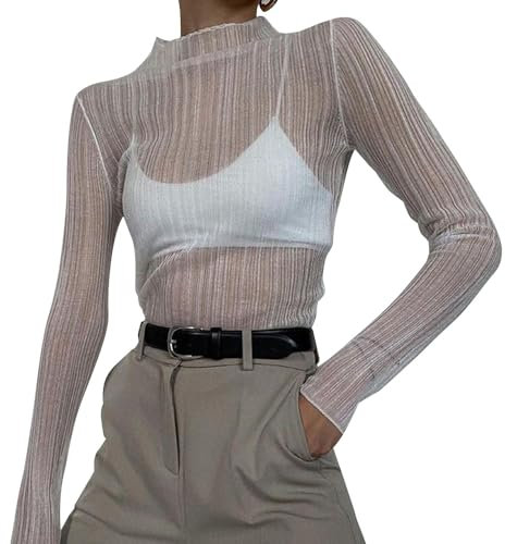 Damen Netz Oberteil Sexy Langarmshirt Durchsichtige T-Shirt Sheer Mesh Oberteile Bluse Skinny Rib Bluse Hochgeschlossene Tops Weiß