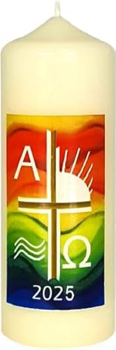 Wiedemann Osterkerze Buntes Wellenmotiv, Kreuz, Sonne mit A und O mit aktueller Jahreszahl 170 x Ø 60 mm