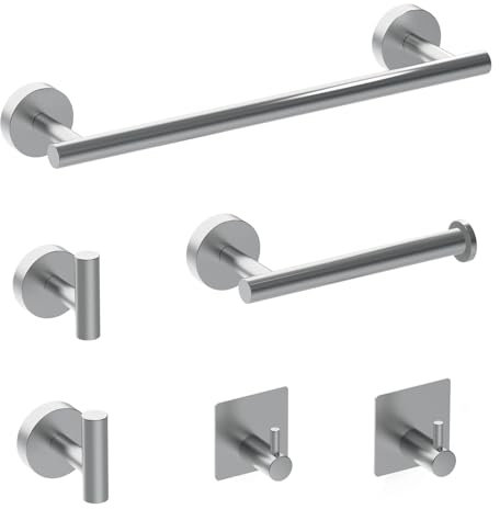 Towel Rail Bathroom Hardware Set 6-Piece, Brushed Nickel Bathroom Accessories Set 40CM Towel Rail, Toilet Paper Holder, 2 Wall Hooks, 2 Robe Hooks 304 Stainless Steel Screw-Fixed Wall Mounted