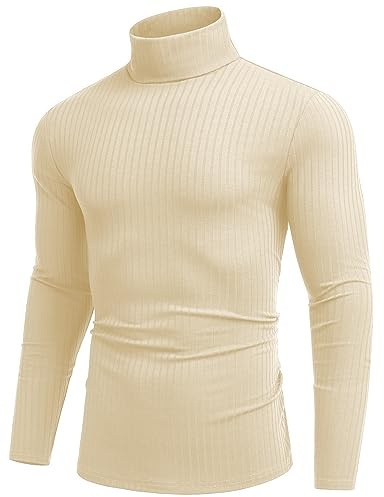 COOFANDY Men's Jumpers Turtleneck Tops for Men Long Sleeve Ribbed Knitted Jumper Lightweight Basic Sweater Beige L