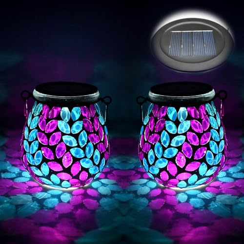 TOTHDATE 2 st ovala solmosaiklampor utomhus, på/av glas hängande solljus, solmosaiklyktor IP65 vattentät för trädgårdsbord, gräsmatta, innergård, däckstaket, olivgren mosaiklampa