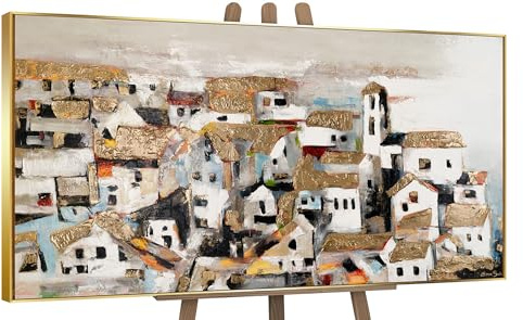 YS-Art Quadro Paesaggio Urbano Astratto Dipinto a Mano in Acrilico, Borgo Mediterraneo 140x70 cm