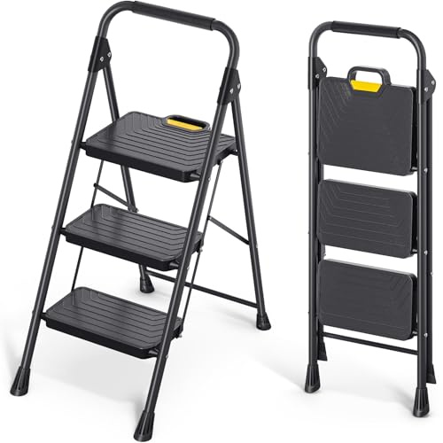 KINGRACK 3 Step Ladder, Foldable Step Stool with Anti-Slip Wide Pedals, Handrail, Safe-Lock Design, Pass 360kg Load Testing, Heavy Duty Portable Ladder for Multi-Purpose, Home, Kitchen, Black