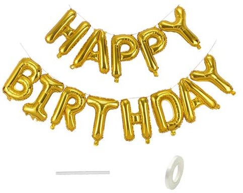 Siliget Golden Happy Birthday Balloons 16 Inch, Aluminum Foil Letters Birthday Banners Balloon with Ribbon Reusable for Boys Girls, Decorations and Party Supplies