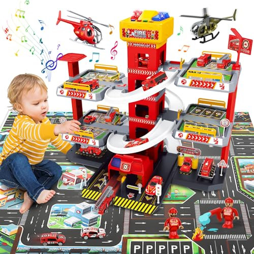 FORMIZON 5 Etages Garage pour Enfants, Parking pour Les Enfants avec Garage, Ascenseur, Station-Service et Carte, Jouet Garage Voiture avec 8 Voitures et 3 Hélicoptère pour Garçons 3+ Ans (Rouge)