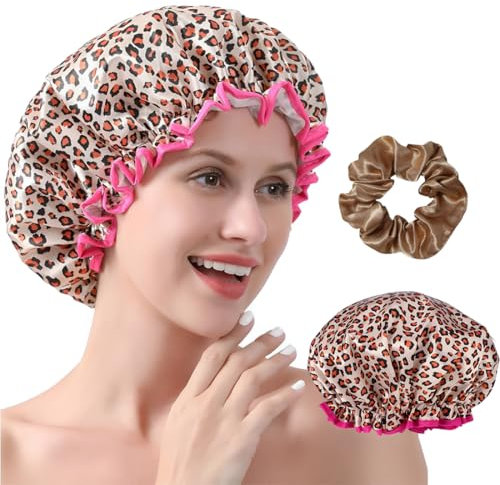 ZKGYUS Duschhaube mit Leopardenmuster, Wasserdichte Duschhaube für Damen, Elastische Shower Cap, Wiederverwendbare Duschkappe für Kosmetik Zuhause Hotel Reisen (mit 1 Haargummis)
