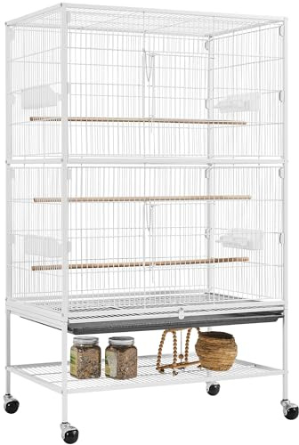 costoffs 132cm Large Bird Cage Rolling Metal Parrot Cage for Lovebird Cockatoo Conure with 3 Perches/4 Feeders/Extra Storage Shelf White