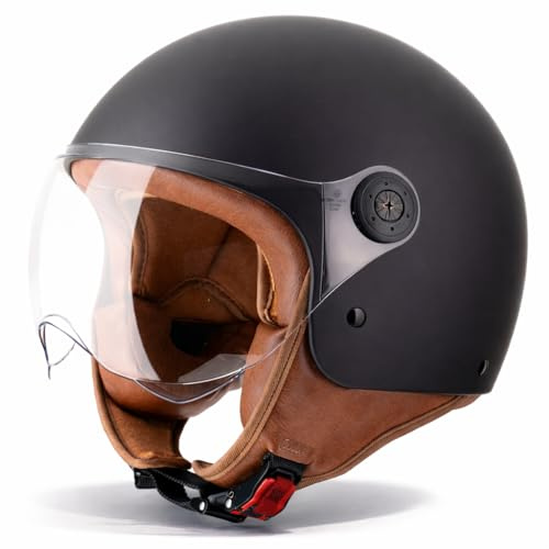 VINZ Duoro Elite Casque Moto Type Jet pour Scooter et Cyclomoteur | pour Hommes et Femmes | Tailles XS à XXL | Visière Intégrée | Homologué ECE 22.06 - Noir Mat