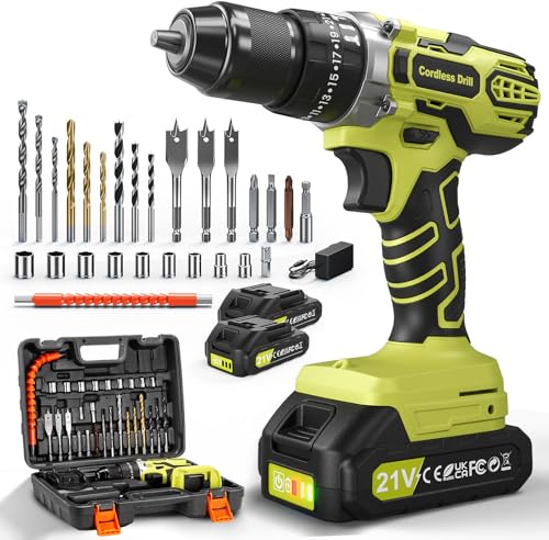 VIWKO 21V Taladro Percutor a Bateria, 45NM Taladro Atornillador Batería, 25+3 Ajuste Par Destornillador Electrico, 2x2.0Ah Baterías, 10mm Portabrocas Metálica, 2 Velocidad, 27 Accesorios, LED Green