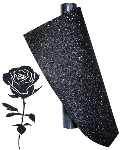 Svart glitter, värmeöverföring, vinyl, reflekterande plotterfolie, textil, 30,5 x 152 cm, värmeöverföring, vinyl, plotter, flexfolie för cut, silhuett, cameo, textilier, överföringsfolie för strykning