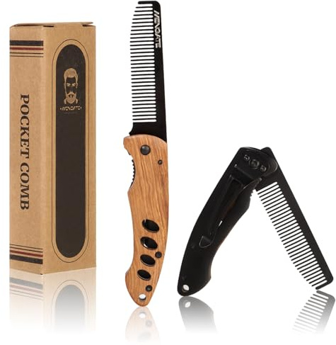 1PC Wooden Beard Comb for Men - Folding & Secure Lock & Pocket clip, 0.12lb