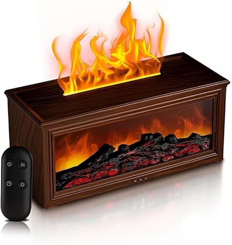 AESHORY Diffusore di Oli Essenziali Camino, Diffusore di Aromi Fiamma con Telecomando e Porta USB Type C per la Ricarica, Umidificatore Ambiente per Aromaterapia Elettrico, 4 Timer e 7 Colori LED