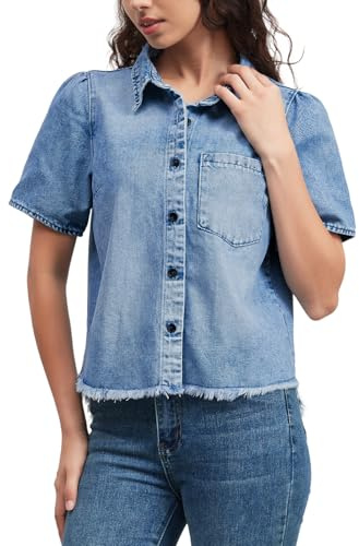 LifeShe Short Sleeve Denim Shirt for Women Summer Button Down Chambray Blouses Fringe Hem Jean Tops