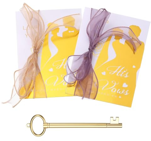 YOKIVE Wedding Day Vow Card Set, (7.87 x 5.51-Inch, Purple/Gold), Vow Card with Key Shape Pen for Her & Him Ribbon Version B, Gold Foil, Great Gift for Bride Groom Bridal Wedding