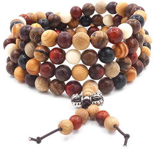 Thajaling Elastisches Holz Armband mit 108 Perlen, Buddhistische Tibetische Gebetskette, Buddha Mala Halskette für Yoga & Meditation