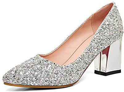 Décolleté da donna con tacco grosso glitterato scintillante, punta chiusa, comode, tacco medio, senza lacci, classiche, da festa, Argento, 40 EU