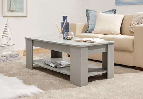 GFW Lift Up Coffee Table With Hidden Storage For Living Room. Modern Wooden Lift Top Coffee Tables With Display Shelf & Storage Compartment For Media & Accessories, Grey, H39.5cm x W105cm x D50cm | GRADED