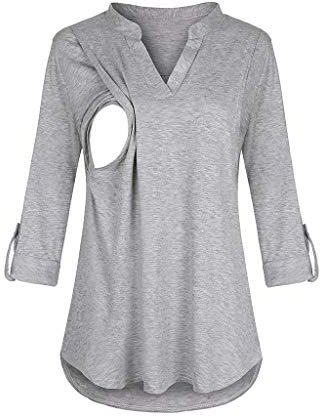 Chaconka Camisa de lactancia para mujer, de manga larga, cuello redondo, camiseta a cuadros sólidos, talla grande Atuomna invierno, gris, XXL