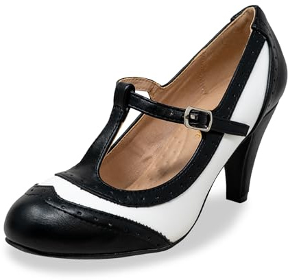 Chase & Chloe Women's Two Tones Wing Tips Retro 1950s Vintage T-Strap Round Toe Mary Jane Oxford Pumps