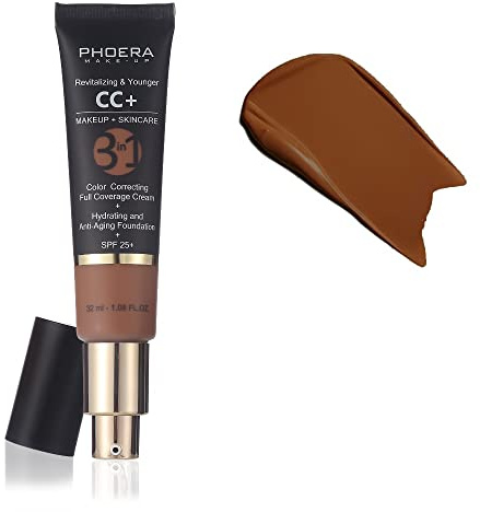 PHOERA Anti-Aging Color Correcting Full Coverage Cream Foundation SPF 25+ Revitalizing & Younger infused Concealer with Vitamins For dark circles, acne scars, wrinkles & redness. (Mocha)
