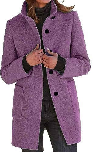 xxxiticat Damen Mantel aus Wollmischung Einreihig Warmer Stehkragen Lange Blazerjacken Trenchcoat mit Taschen S-3XL (PE-M)
