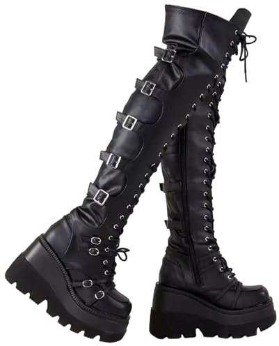 tinetill Damen Plateaustiefel Winter Schwarz Gothic Punk Overknee Stiefel Reißverschluss Kniehohe Stiefel Schnürstiefel Lange Stiefel mit Blockabsatz Winterstiefel Boots