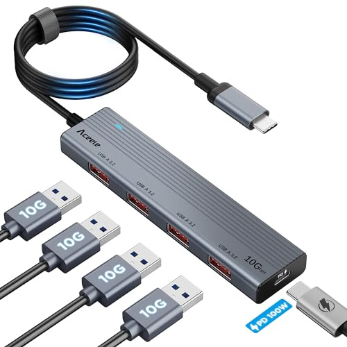 Aceele USB-C-Hub 10 Gbit/s, Powered USB 3.2 Splitter mit 100 W Stromversorgung, Aluminium-USB-C-Adapter mit 1 m langem Verlängerungskabel für PC, MacBook, PS4/5, Surface Pro, Dell