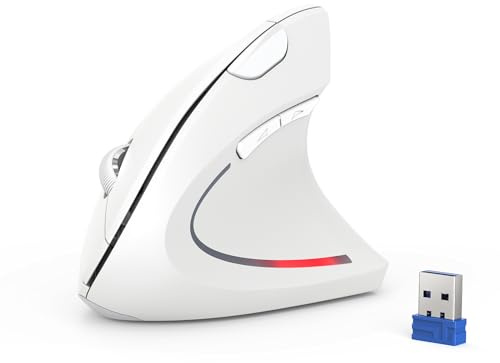TECKNET Ergonomic Mouse, 4800DPI Wireless Vertical Mouse 6-Button Silent Mouse with 5 Adjustable Levels DPI, 24 Months Battery Life Optical Wireless Mouse for Laptop, PC (White)
